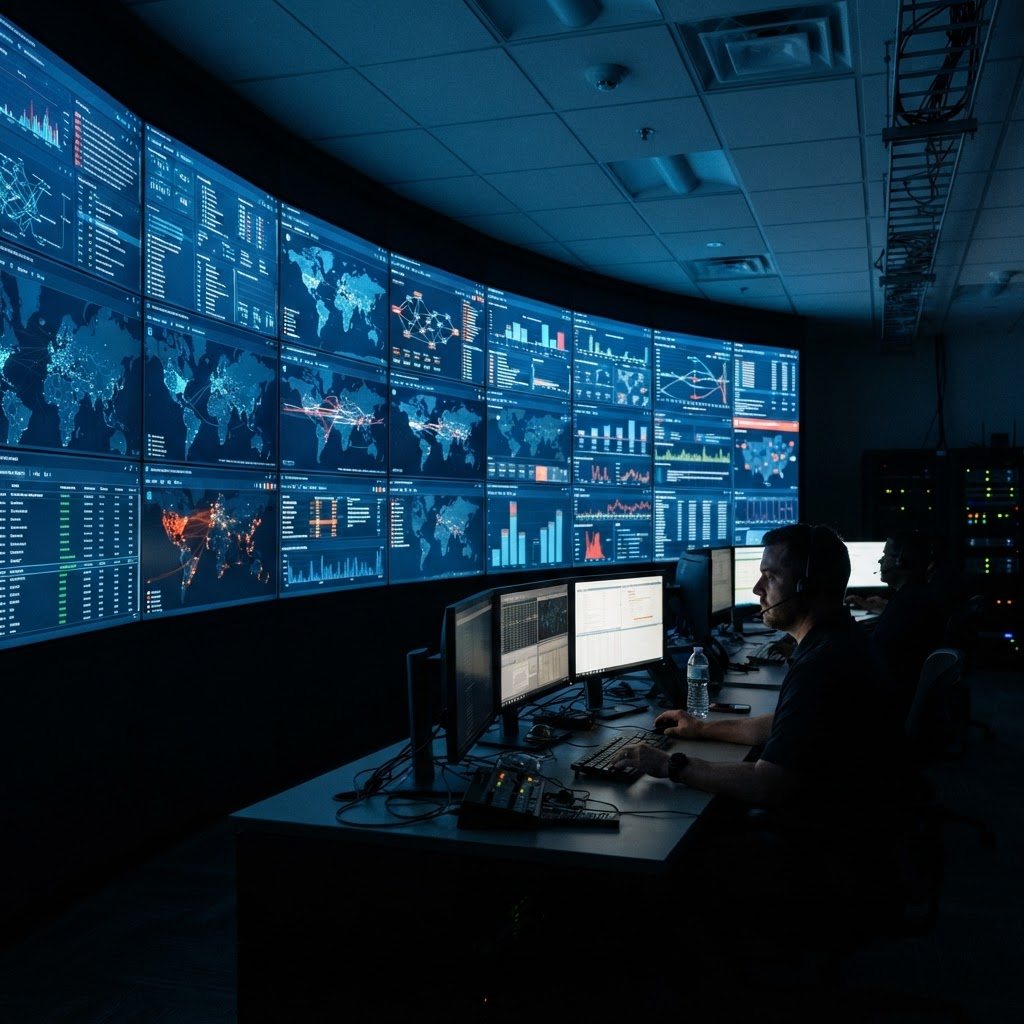 Network operations center with monitoring dashboards